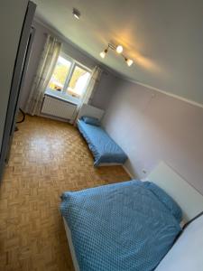 a room with two blue beds and two windows at Monteurwohnung mit 3 Schlafzimmern, 5 Einzelbetten, 80qm, EG, zentral Freyung in Freyung