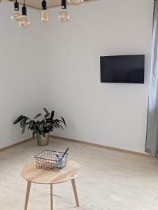 a table in a room with a tv and a plant at Blaues Häuschen an der Burg in Neuenstein