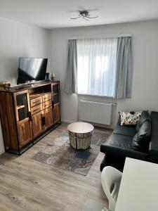 a living room with a couch and a tv at Modernes 3-Zimmer Appartement in Wels