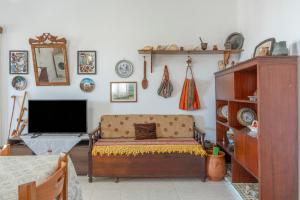 a living room with a couch and a tv at Hippocrates' House in Amorgos