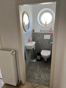 a small bathroom with a toilet and a sink at Stadthaus mit traditionellem Flair in Wels