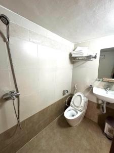 a bathroom with a toilet and a sink at Europa Hotel in Da Lat
