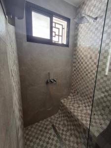 a bathroom with a shower with a window at Dar Elghalia in Houmt Souk