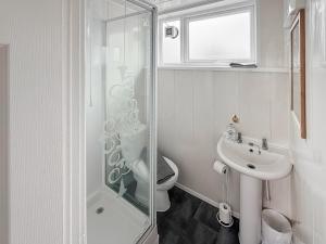 a bathroom with a shower and a toilet and a sink at No 4 Hickling Chalet - Uk51729 in Scratby