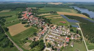 an aerial view of a village with houses and a river at Levendulásház Palkonya in Palkonya +10 photos