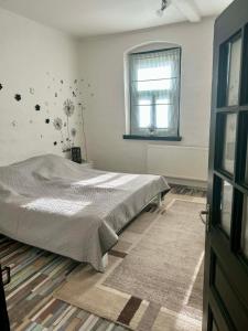 a bedroom with a bed and a window in it at Levendulásház Palkonya in Palkonya