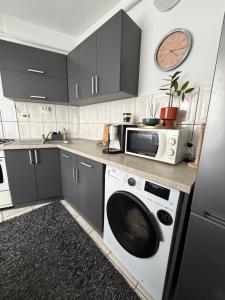 a kitchen with a washing machine and a microwave at Studio Lotus Zalău in Zalău +9 photos