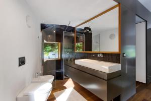 a bathroom with a sink and a toilet and a mirror at Villa Jasna in Kranjska Gora