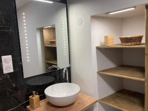 a bathroom with a sink and a mirror at Gîte du Banissou Chez Papy in Rosis +39 photos