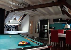 a room with a pool table and a bedroom at Geinig in Abcoude
