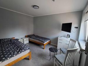 a bedroom with a bed and a tv and chairs at Noclegi Bielawa in Bielawa