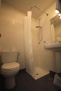 a bathroom with a toilet and a shower and a sink at La Salmonera Cangas de Onís in Caño