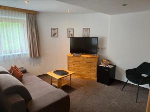a living room with a couch and a flat screen tv at Grünwaldhof in Tux