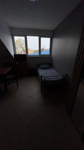 a small room with a bed and two windows at Apartament 1 Słoneczna in Ełk