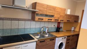 a kitchen with a sink and a washing machine at Apartament 1 Słoneczna in Ełk