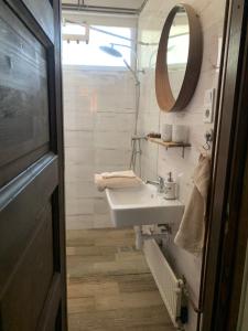 a bathroom with a sink and a mirror at Tūlevél/Pine-needles in Tata