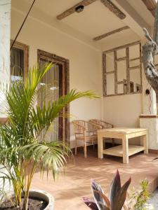 a room with a table and some plants at Dolot Guest House Amed Beach in Amed