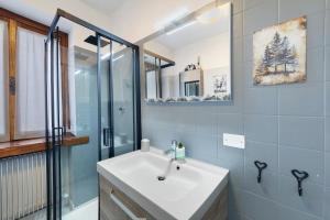 a bathroom with a sink and a glass shower at Casetta del Caregon a Vinigo in Vodo Cadore