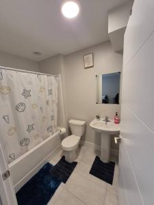 a bathroom with a toilet and a sink and a shower at Cozy Newly Built Room in Halifax