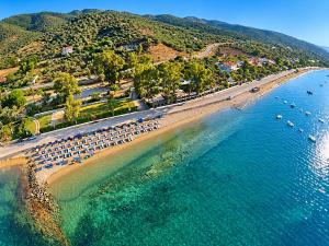 an aerial view of a beach with chairs and the water at Τηλεμαχος Apartments in Loutra Edipsou