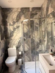 a bathroom with a shower and a toilet and a sink at De Rock Penthouse in Sannat +37 photos
