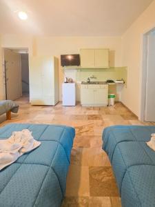 a living room with two beds and a kitchen at Vassia's B rooms in Poros