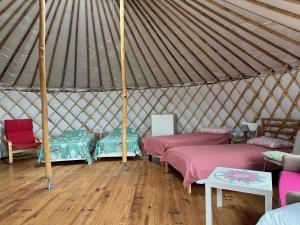 a room with four beds in a yurt at Les Jardins Vert Framboise yourte et chambres d'hôtes in Beaufour