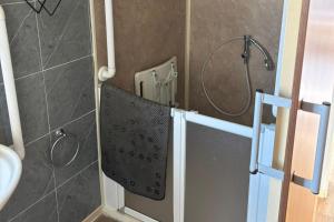 a bathroom with a shower and a sink at 6Berth Caravan-Wheelchair Accessible-Pet Friendly in Skegness