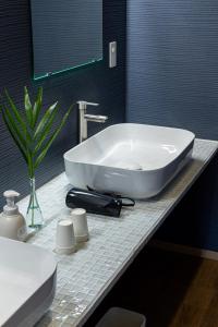 a bathroom with a large white sink on a counter at Guest House BLUE DOOR in Imabari Railway Station