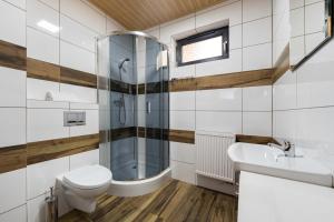 a bathroom with a shower and a toilet and a sink at Widokowa osada drewnianych domków, tuż przy szlakach turystycznych in Brenna