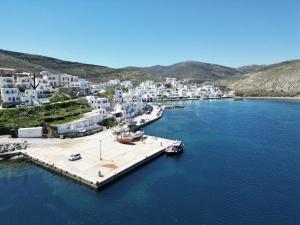 an aerial view of a harbor with boats in the water at Molos Tinos Cycladic house in Panormos
