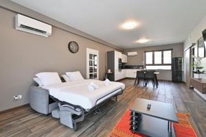 a bedroom with a large bed and a kitchen at Studio 42m² Design in Annecy