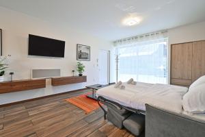 a bedroom with a large bed and a flat screen tv at Studio 42m² Design in Annecy