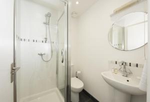 a bathroom with a shower and a toilet and a sink at Trethoway in Port Isaac +58 photos