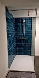 a bathroom with a shower with blue tiles at A La Bruyère in Saint-Martin-du-Lac