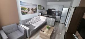 a living room with a couch and a kitchen at Apartmán STATION Vrútky centrum in Vrútky