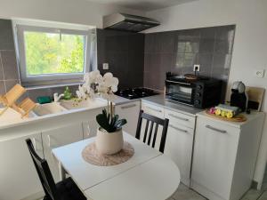 a kitchen with a table and a sink and a microwave at Gite Le Clos de Sée in Chérencé-le-Roussel