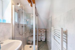 a bathroom with a shower and a toilet and a sink at Ferienhaus Weitblick in Dresden +24 photos