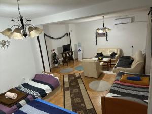 a living room with couches and a living room with a christmas tree at Apartman Struga in Struga