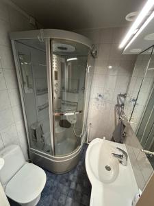 a bathroom with a shower and a toilet and a sink at Klintvägen 18 E 31 in Mariehamn