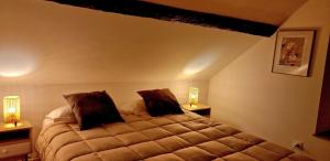a bedroom with a large bed with two pillows at A La Bruyère in Saint-Martin-du-Lac