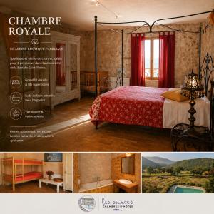a collage of photos of a bedroom with a bed at Les Sources chambres dhotes in Bargème +80 photos
