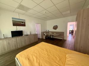 a bedroom with a bed and a desk and a tv at HörneNest Balje - Ferienwohnung zwischen Elbe & Oste in Balje