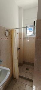 a bathroom with a shower and a sink at Plaka Apartments in Fournoi