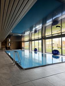 a large swimming pool in a building with windows at Omega Lake Apartament Olsztyn in Olsztyn