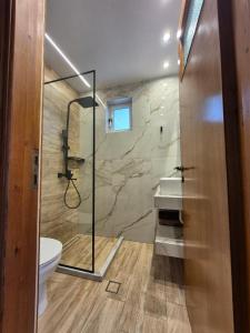 a bathroom with a shower and a toilet and a sink at 5 Suites Αγιόκαμπος Αγιάς in Agiokampos +41 photos