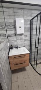 a bathroom with a sink and a mirror at Apartament Nova Kamienica - Studio in Łagów +13 photos