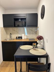 a kitchen with a table with two chairs and a microwave at Studio apartman StelLar in Otavice