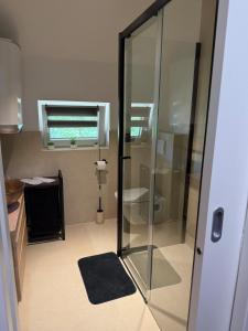 a bathroom with a glass shower with a toilet at Studio apartman StelLar in Otavice +27 photos