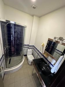 a bathroom with a shower and a toilet and a sink at Hotel Cash in Tbilisi City